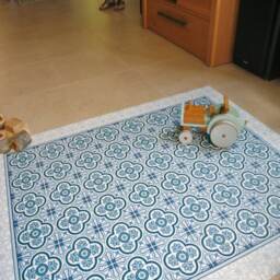 Blue Vinyl Floor Mat, Area Rug, Linoleum Printed PVC Carpet With Floral Tiles. Art Mat - thumbnail 2