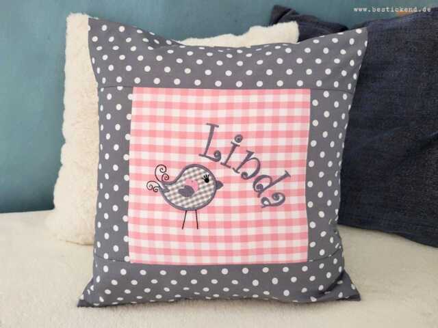 Embroidered Pillow Bird + Name //Pink - Grey// 40x40 Desired Name Pillowcase Personalized Gift Cuddly Cuddle - image 1