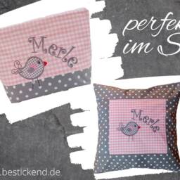 Embroidered Pillow Bird + Name //Pink - Grey// 40x40 Desired Name Pillowcase Personalized Gift Cuddly Cuddle - thumbnail 4