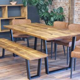 Louth Vf Dining Table Solid Wood Chamfer Edge - Industrial V Frame Steel Legs Modern Rustic Interior Design Cozy Natural & Stylish - thumbnail 2