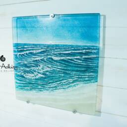 Coastal Wave Fused Glass Wall Art, Sea Glass Art, Blue Coastal Sunset Wall Living Room Decor 40x40cm - 16x16 - thumbnail 3