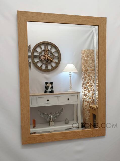 Natural Light Oak Finish Wood Frame Wall Mirror Rectangular Bevelled Glass 90x65cm - image 1