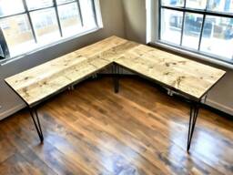 Corner Office Desk - Two Boards, Custom Made From Reclaimed Scaffold Boards & Hairpin Legs For Rustic, Industrial Look - The Whitby