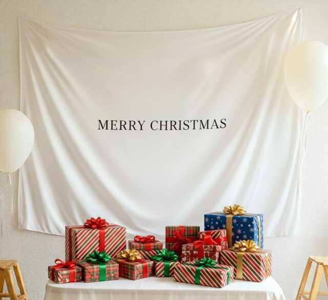 Merry Christmas Tapestry, Personalised Backdrop, Fabric Sign, Birthday Flag, White Boho Wall Decoration - image 1