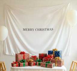 Merry Christmas Tapestry, Personalised Backdrop, Fabric Sign, Birthday Flag, White Boho Wall Decoration - thumbnail 1