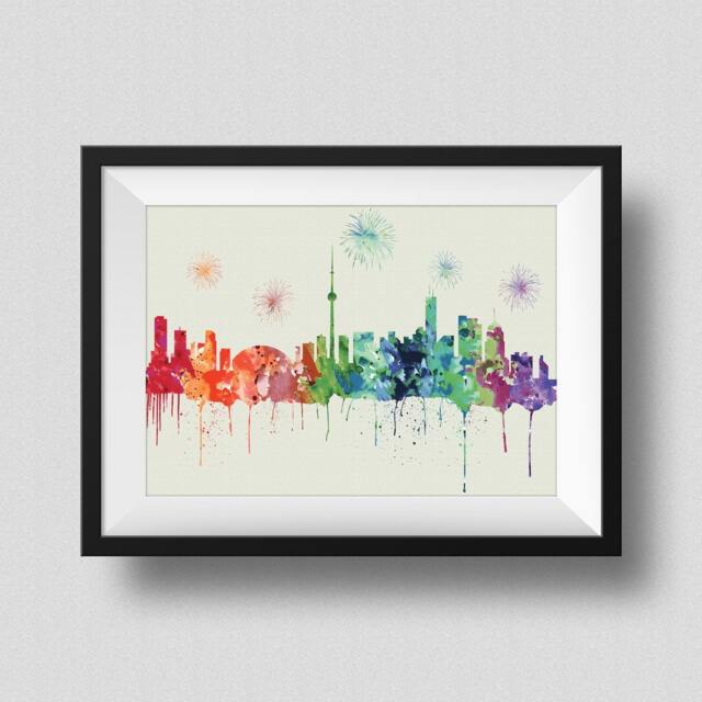 Toronto Skyline Rainbow Watercolor Map Art Print Canada Ink Splash Poster Canvas