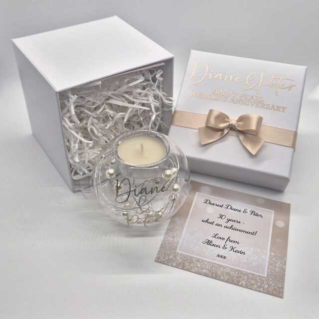 Personalised Pearl Wedding Anniversary Gift - Glass Ball Tealight Holder 30Th Candle Boxed Keepsake Present - image 1