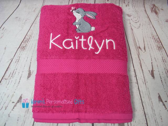 Personalised Kids Bath Towel, Pink Bunny Children's Swim Embroidered - Choice Of Colours - image 1