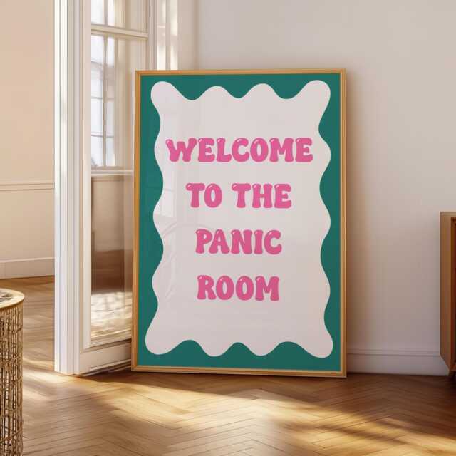 Funny Panic Room Print - Pink & Teal Prints, Green Print, Retro Quote Colourful Prints For Teens - image 1