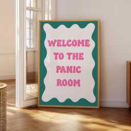 Funny Panic Room Print - Pink & Teal Prints, Green Print, Retro Quote Colourful Prints For Teens - thumbnail 1