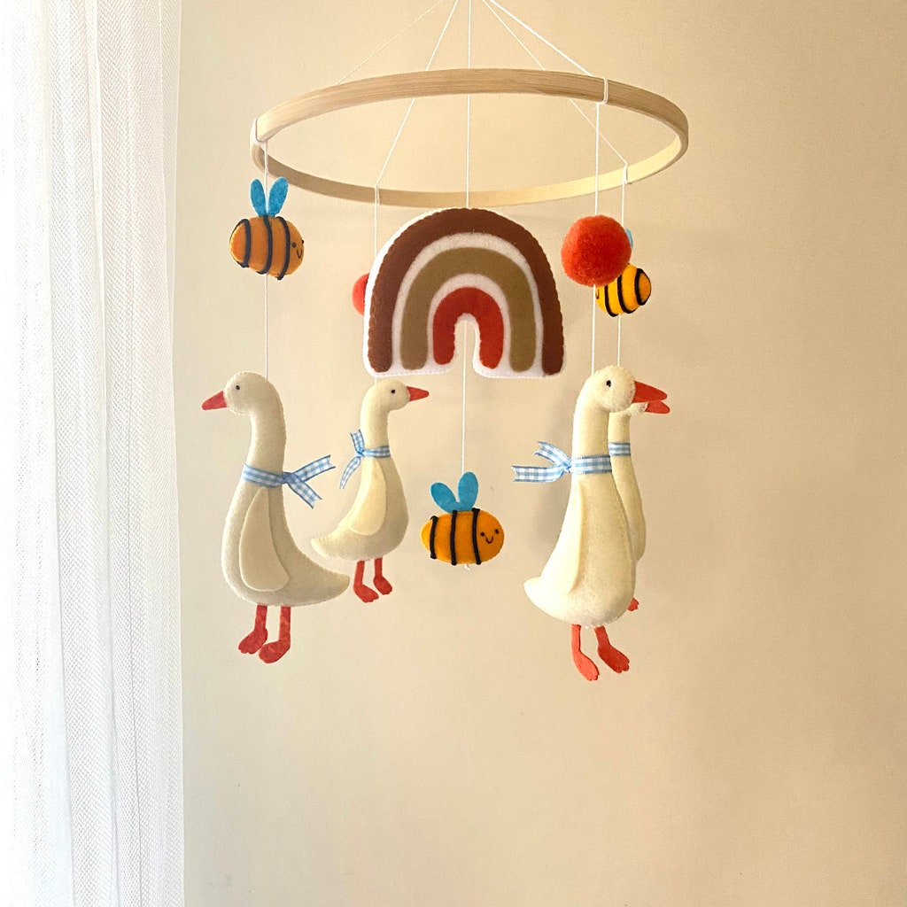 Goose Baby Mobile Felt Rainbow, Bees, Blue Ribbon Nursery Decor