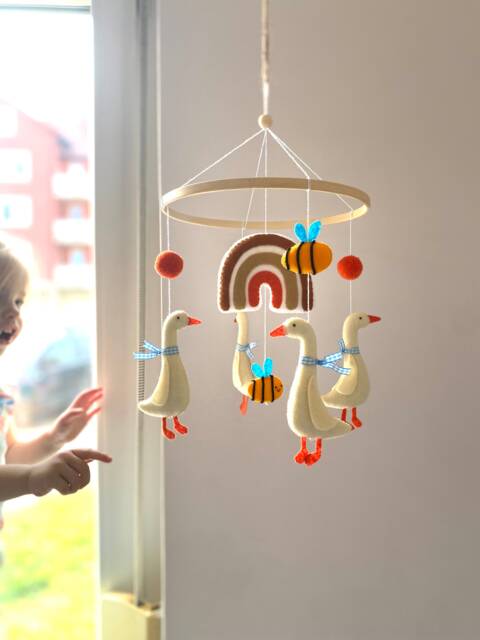 Duck Nursery Baby Mobile Goose Blue Ribbon Rainbow Terracotta
