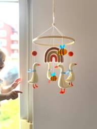 Nursery Goose & Bee - Baby Mobile With Rainbow Decor Personalized Gift Handmade Shower Favors