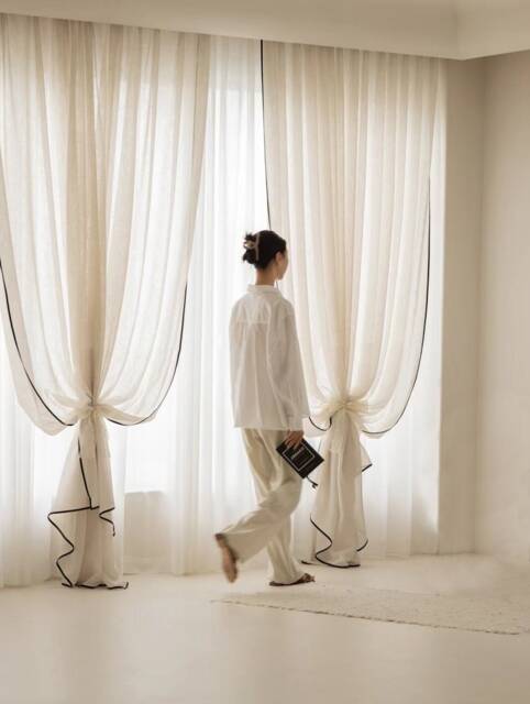 A Pair Of Linen/Cotton Blend Sheer Curtains With Thin Trim , Living Room Curtains, Caf?? Curtains, Privacy Curtains, Custom Made - image 1