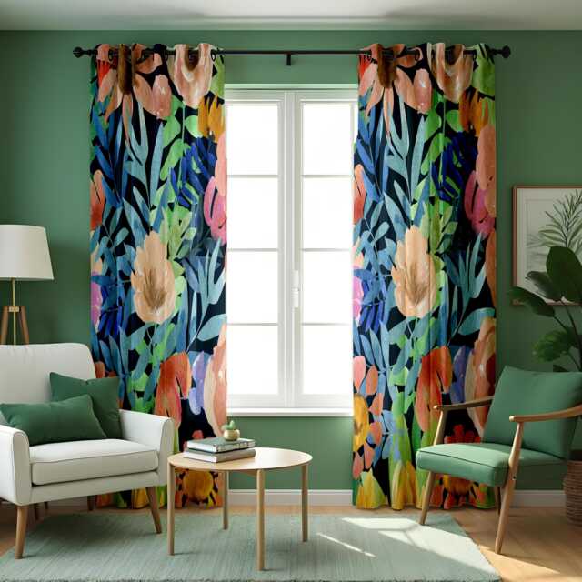 Bold Floral Watercolor Curtains, Colorful Botanical Print Drapes, Modern Flower Pattern Window Panels, Custom Made To Measure Curtains - image 1