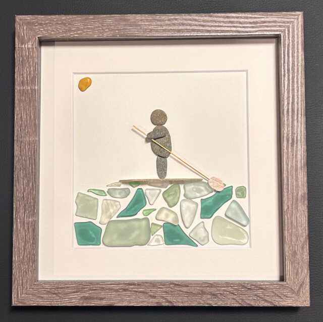 Paddle Boarding Sea Glass & Pebble Artwork, 9x9 Framed Handmade Gift For Boarder - image 1