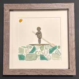Paddle Boarding Sea Glass & Pebble Artwork, 9x9 Framed Handmade Gift For Boarder - thumbnail 1