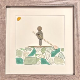 Paddle Boarding Sea Glass & Pebble Artwork, 9x9 Framed Handmade Gift For Boarder - thumbnail 2