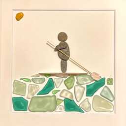 Paddle Boarding Sea Glass & Pebble Artwork, 9x9 Framed Handmade Gift For Boarder - thumbnail 3