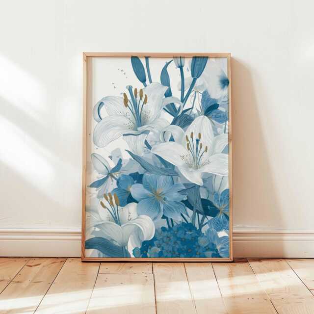 Blue & White Floral Poster, Elegant Lily Botanical Print, Modern Line Art Flower Wall Decor, Unframed Artwork - image 1