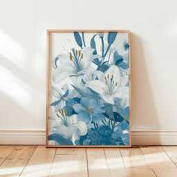Blue & White Floral Poster, Elegant Lily Botanical Print, Modern Line Art Flower Wall Decor, Unframed Artwork - thumbnail 1
