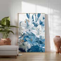 Blue & White Floral Poster, Elegant Lily Botanical Print, Modern Line Art Flower Wall Decor, Unframed Artwork - thumbnail 2