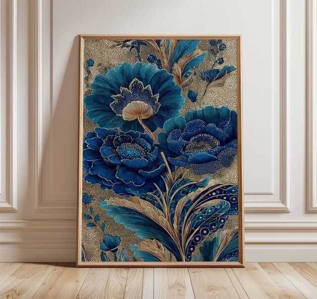 Blue Floral Art Deco Poster, Elegant Botanical Wall Art, Luxury Gold Flower Print - image 1