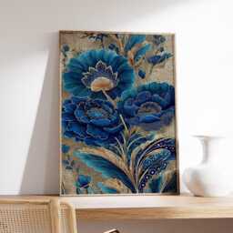 Blue Floral Art Deco Poster, Elegant Botanical Wall Art, Luxury Gold Flower Print - thumbnail 2