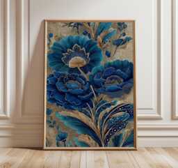 Blue Floral Art Deco Poster, Elegant Botanical Wall Art, Luxury Gold Flower Print - thumbnail 1