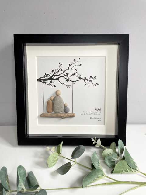 Personalised Family Pebble Picture - Any Wording Gift For Mum Grandma Tree Swing Framed Home Decor Handmade - image 1