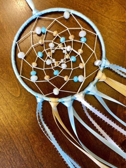 Baby Blue Boho Dream Catcher, Beautiful Glass Beaded Goose Feather Dreamcatcher, Light & Brown Bedroom Decor/Nursery Wall Hanging - image 1