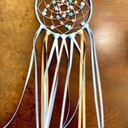 Baby Blue Boho Dream Catcher, Beautiful Glass Beaded Goose Feather Dreamcatcher, Light & Brown Bedroom Decor/Nursery Wall Hanging - thumbnail 4