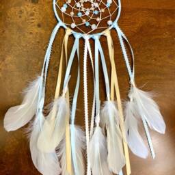 Baby Blue Boho Dream Catcher, Beautiful Glass Beaded Goose Feather Dreamcatcher, Light & Brown Bedroom Decor/Nursery Wall Hanging - thumbnail 3