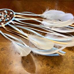 Baby Blue Boho Dream Catcher, Beautiful Glass Beaded Goose Feather Dreamcatcher, Light & Brown Bedroom Decor/Nursery Wall Hanging - thumbnail 2