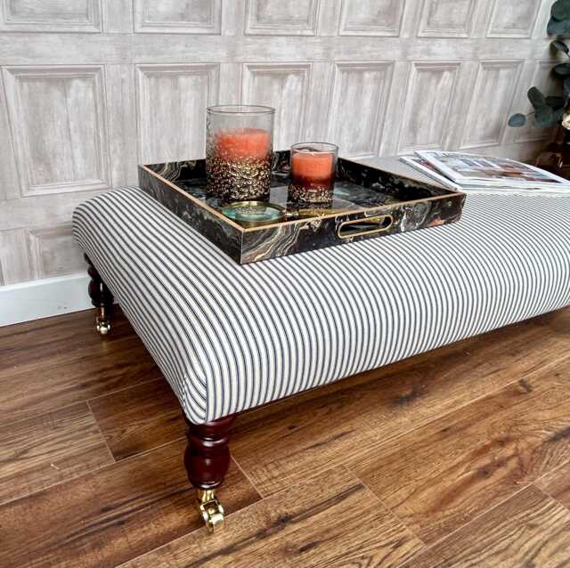 Large Upholstered Footstool in Ticking Fabric Coffee Table Stripe Large Footstool. Ottoman On Castor Legs - image 1