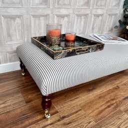 Large Upholstered Footstool in Ticking Fabric Coffee Table Stripe Large Footstool. Ottoman On Castor Legs