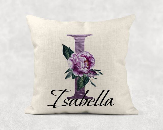 Personalised Initial & Name , Plum/Purple Floral Linen Cushion . Girls/Mum/Nan Birthday Gift - image 1