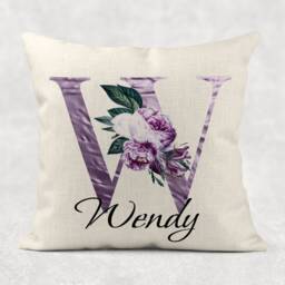 Personalised Initial & Name , Plum/Purple Floral Linen Cushion . Girls/Mum/Nan Birthday Gift - thumbnail 3