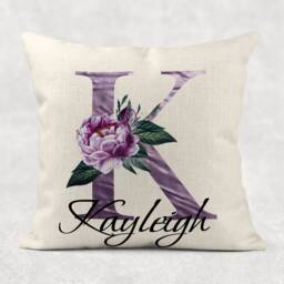 Personalised Initial & Name , Plum/Purple Floral Linen Cushion . Girls/Mum/Nan Birthday Gift - thumbnail 2