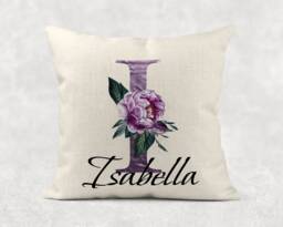 Personalised Initial & Name , Plum/Purple Floral Linen Cushion . Girls/Mum/Nan Birthday Gift - thumbnail 1