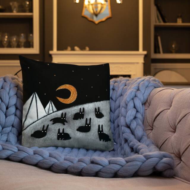 Throw Pillow Black Rabbit Moon Folk Art Print Witchy Home Decor Housewarming Birthday Gifts Nocturnal Funny Cute Weird Stuff Quirky Bunny - image 1