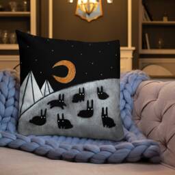 Throw Pillow Black Rabbit Moon Folk Art Print Witchy Home Decor Housewarming Birthday Gifts Nocturnal Funny Cute Weird Stuff Quirky Bunny - thumbnail 2