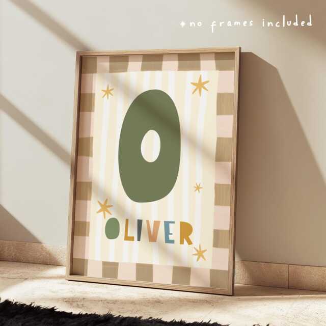 Personalised Neutral Safari Checkered Initial Print For Boys, Colourful Children's Bedroom Decor, Boy Wall Art - image 1