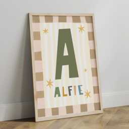 Personalised Neutral Safari Checkered Initial Print For Boys, Colourful Children's Bedroom Decor, Boy Wall Art - thumbnail 3