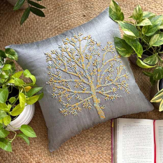 Nature & Floral Pattern Beaded Gray Art Silk Pillow Sham, 24x24/26x26, Contemporary Style Euro Square Pillowcase - Tree Of Faith - image 1