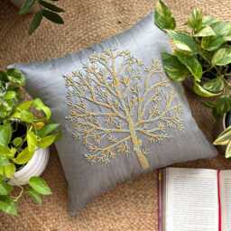 Nature & Floral Pattern Beaded Gray Art Silk Pillow Sham, 24x24/26x26, Contemporary Style Euro Square Pillowcase - Tree Of Faith - thumbnail 1
