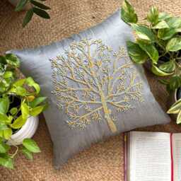 Nature & Floral Pattern Beaded Gray Art Silk Pillow Sham, 24x24/26x26, Contemporary Style Euro Square Pillowcase - Tree Of Faith