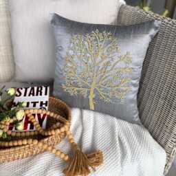 Nature & Floral Pattern Beaded Gray Art Silk Pillow Sham, 24x24/26x26, Contemporary Style Euro Square Pillowcase - Tree Of Faith - thumbnail 3