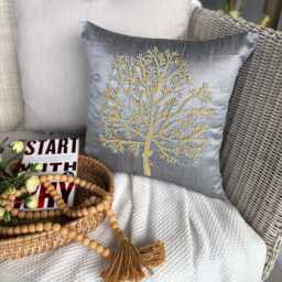 Nature & Floral Pattern Beaded Gray Art Silk Pillow Sham, 24x24/26x26, Contemporary Style Euro Square Pillowcase - Tree Of Faith - thumbnail 3