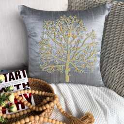 Nature & Floral Pattern Beaded Gray Art Silk Pillow Sham, 24x24/26x26, Contemporary Style Euro Square Pillowcase - Tree Of Faith - thumbnail 2
